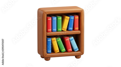 Bookshelf 3D icon filled with colorful books for library education, school study and home interior decor isolated on white background
