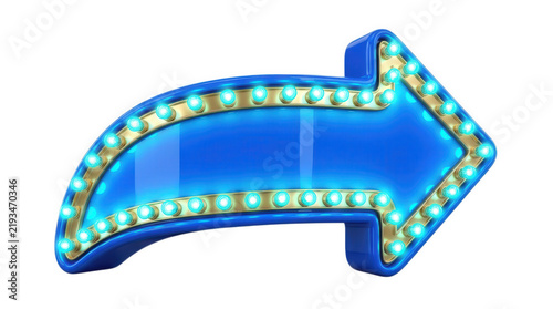 Blue marquee arrow sign with glowing retro light bulbs isolated on white background for casino, circus advertising, theater billboard, direction pointer, and sales promotion concept