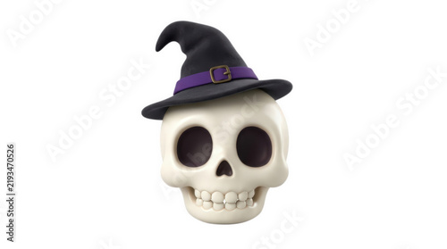 Cute skull wearing witch hat with purple buckle ribbon for spooky Halloween party decoration and cartoon game asset isolated on white background