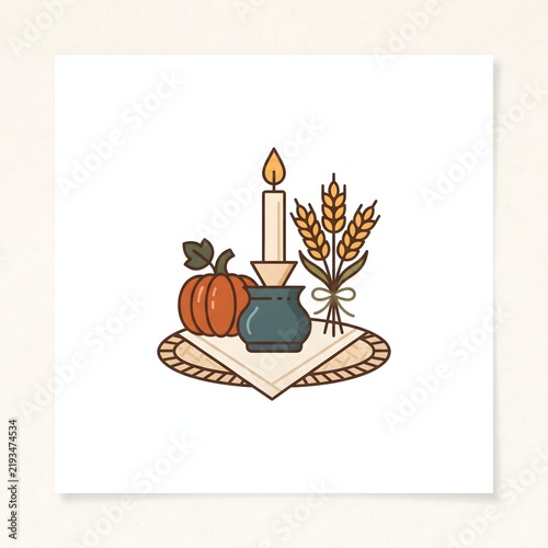 Thanksgiving table decoration with candle pumpkin and wheat illustration.