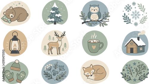 Winter themed illustrations depict animals foliage and cozy elements in circular designs
