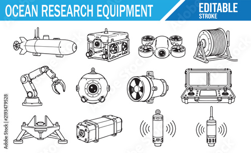 Marine Science Equipment Outline Icon Set with Ocean Sampling Instruments Sensors and Research Devices