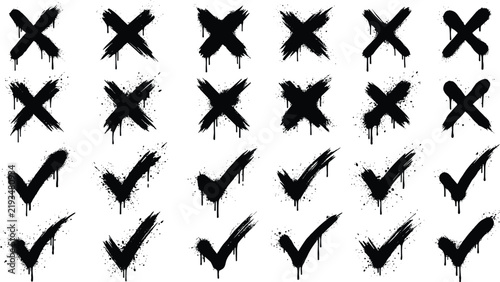 Collection of black x marks and checkmarks with dripping paint on white
