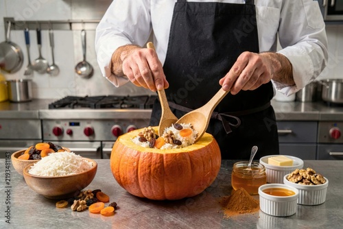 Ghapama preparation in kitchen, chef in black apron, white shirt, using wooden spoon. Concept of pumpkin stuffed with rice nuts fruit, traditional dish made with fresh ingredients.