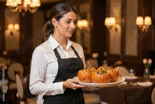 Young woman with long dark hair in ponytail, white blouse, black apron, holding Ghapama in warm, cozy restaurant. Concept of pumpkin stuffed with rice nuts fruit, autumn vibe.