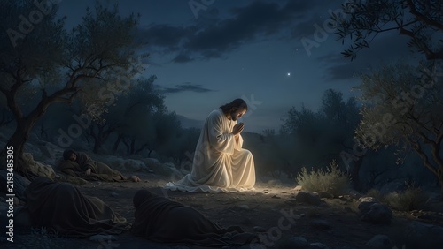 Jesus praying in the Garden of Olives as the main subject, disciples resting quietly around him while one faint star above suggests endurance, hope, and sacred silence, a sparse nocturnal grove with o
