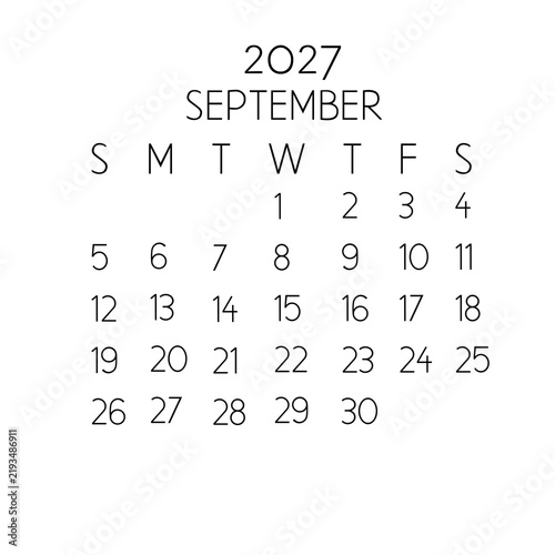 September 2027 calendar month template. Minimalist and simple thin black typography layout isolated on a clean white background. Perfect for modern business planners, office wall organizers, desk