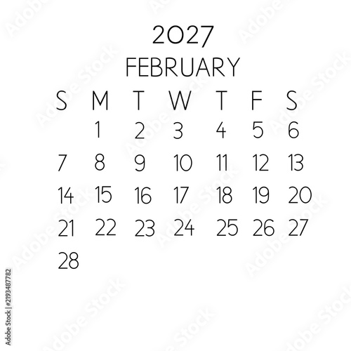 February 2027 calendar month template. Minimalist and simple thin black typography layout isolated on a clean white background. Perfect for modern business planners, office wall organizers, desk agend