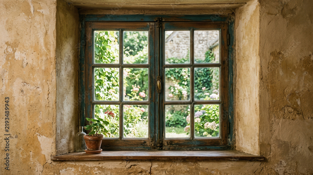 Obraz premium Rustic Window View Of Lush Garden And Stone Building