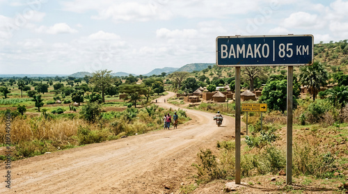 Scenic African Landscape With Bamako Signpost And Rural Village Scene