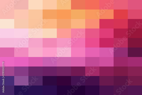 Abstract pixelated background, featuring a gradient, of warm colors, transitioning from soft, peach and orange, to deep magenta, and dark purple tones