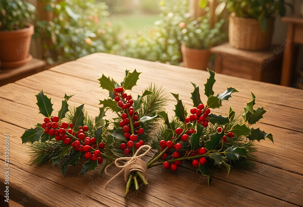 Obraz premium Christmas holiday decoration, festive holly and pine branches tied with twine on a rustic wooden table for seasonal winter home interior design