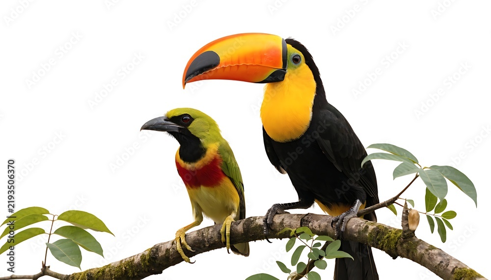 Obraz premium Tropical birds sitting on a tree branch in the rainforest cut out White background with shadow. AI GENERATED.