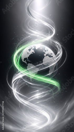 A glowing globe is wrapped in swirling white and green light trails against a dark background, creating a futuristic abstract concept of global energy and connectivity.