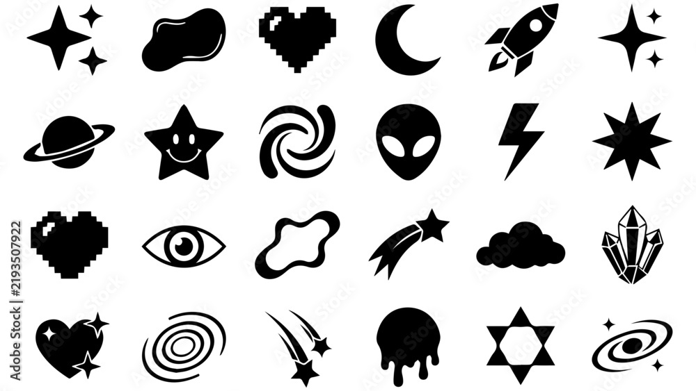 Obraz premium Set of black y2k style cosmic space icons and cute celestial shapes for graphic design projects