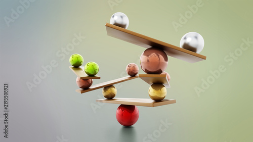 Balancing spheres standing in balance on seesaws. 3D illustration