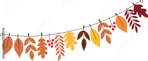 Colorful autumn leaves garland decoration string isolated on transparent background