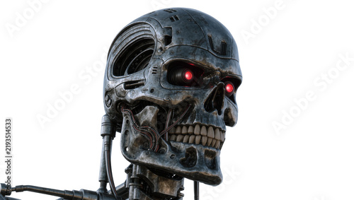 Detailed metallic cyborg skull with glowing red eyes, isolated on transparent background