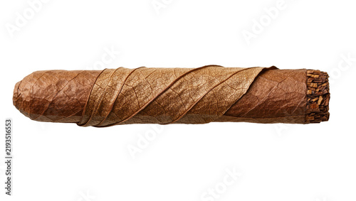 Fotografie Rolled brown tobacco leaf cigar with visible veins, isolated on transparent back