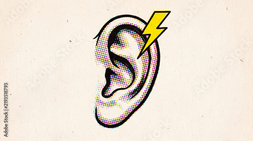 A comic-style illustration of a human ear with a vibrant yellow lightning bolt, symbolizing hearing or sound.