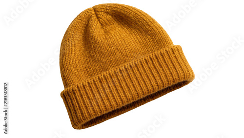Obraz na plátně Mustard yellow knitted beanie hat with ribbed cuff, isolated on transparent back