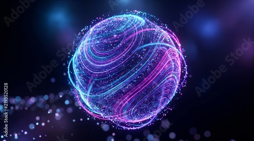 Vibrant futuristic sphere with glowing particles and gradient waves for AI and big data concepts.