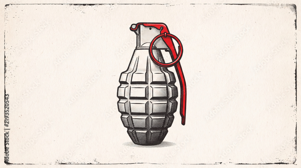 Obraz premium A stylized illustration of a metallic hand grenade with a red pin and lever, set against a textured off-white background with distressed edges.