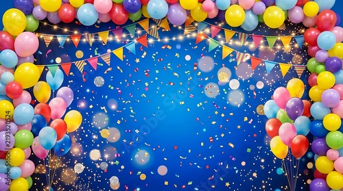 Party background featuring colorful balloons and festive bunting flags against a deep blue setting balloons confetti celebration background colorful