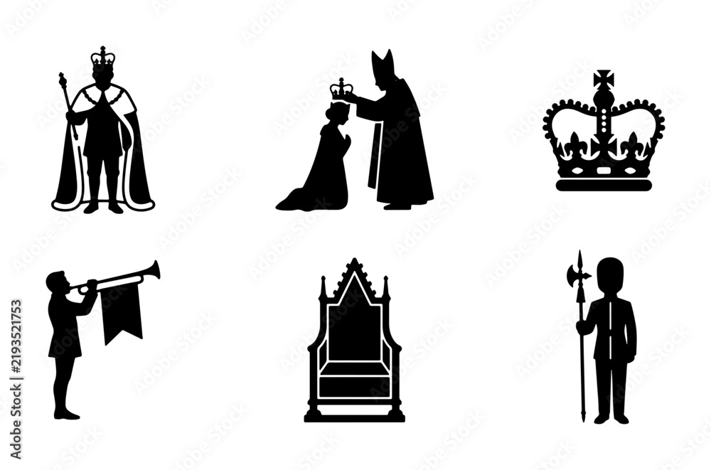 Fototapeta premium Royal Icons Set: King, Queen, Crown, Throne, Guard, Herald, Symbols of Monarchy