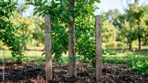 Young tree supported by wooden stakes in garden with healthy foliage all around. Tree standing strong with sturdy support keeps branches upright and encourages growth in well-maintained orchard.