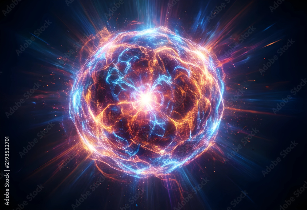 Fototapeta premium Nuclear fusion and quantum energy, abstract plasma sphere with glowing orange and blue light waves radiating in a dark space for science technology