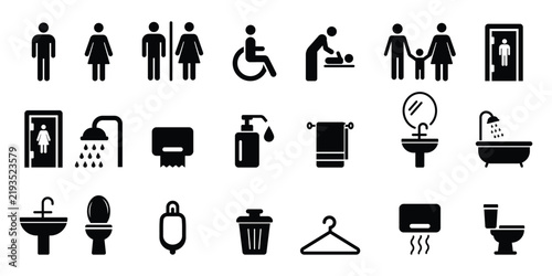 Restroom and Bathroom Symbol Icon Set. Toilet Shower Sink Hygiene Accessibility Family Facilities and Sign.