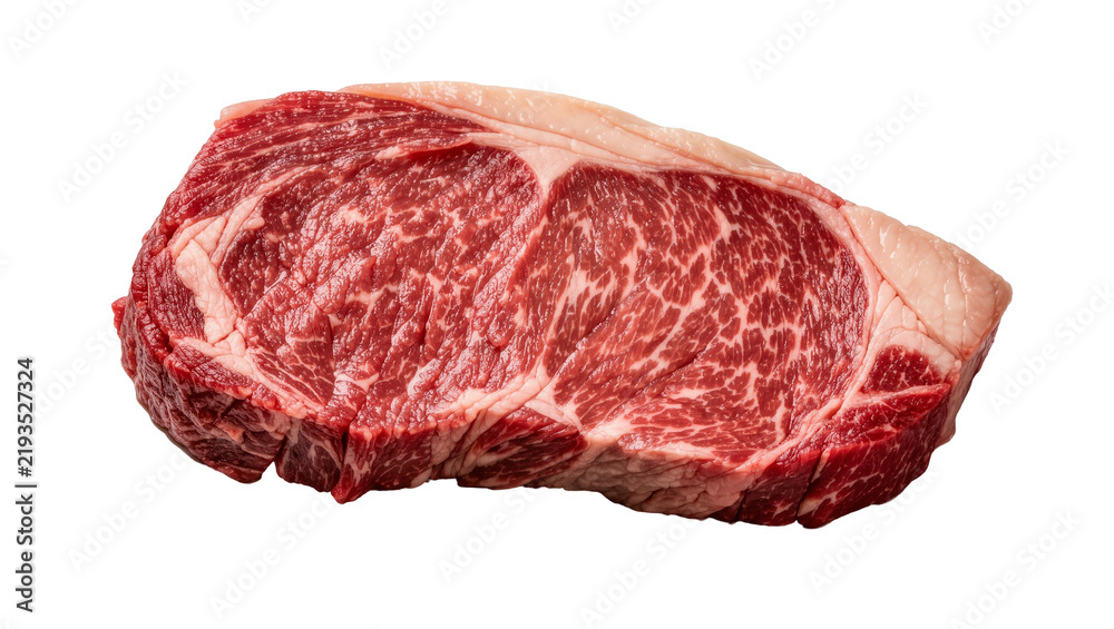 Fototapeta premium Raw marbled beef steak with fat cap, isolated on transparent background