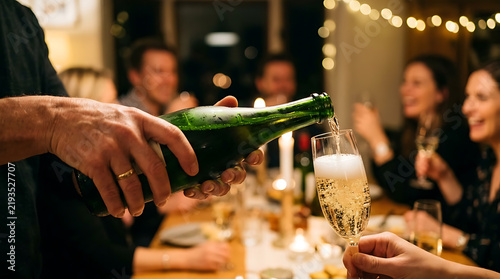 Close up of hand pouring bubbly champagne into a flute glass during a festive dinner party with friends celebrating
