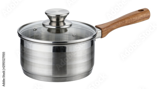 Stainless steel saucepan with glass lid and wooden handle, isolated on transparent background