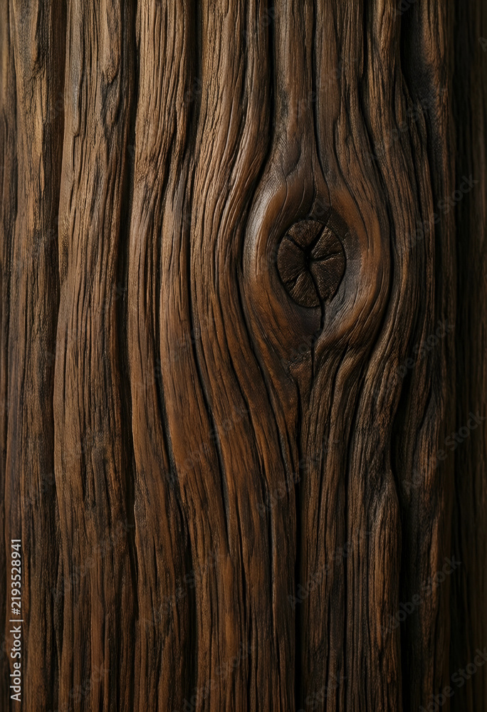 Fototapeta premium Sustainability and nature background, weathered dark wood texture with organic grain and knot for rustic interior design and eco friendly construction