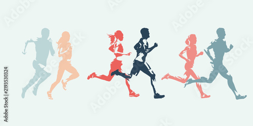 Run, group of male and female runners in motion, colorful vector silhouettes of running athletes, side view sports illustration.