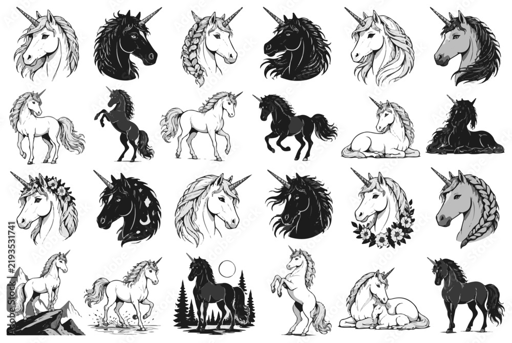Fototapeta premium Unicorn Collection of Diverse Monochrome Illustrations in Various Poses and Styles for Fantasy Designs