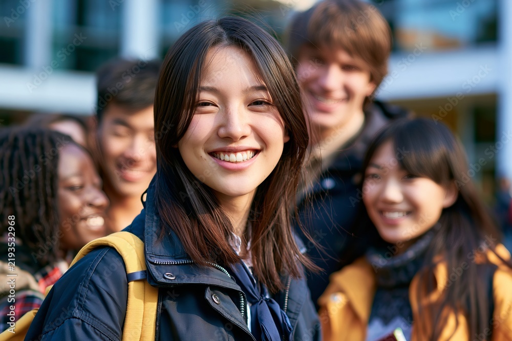 Fototapeta premium Happy smiling female student surrounded by diverse group of friends outdoors on campus