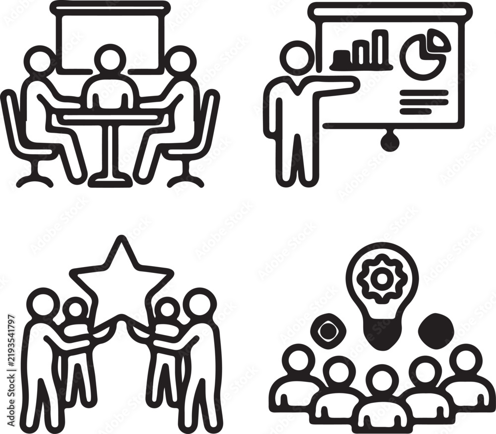 Fototapeta premium Business Teamwork and Collaboration Icon Set Black and White Flat Vector Illustration