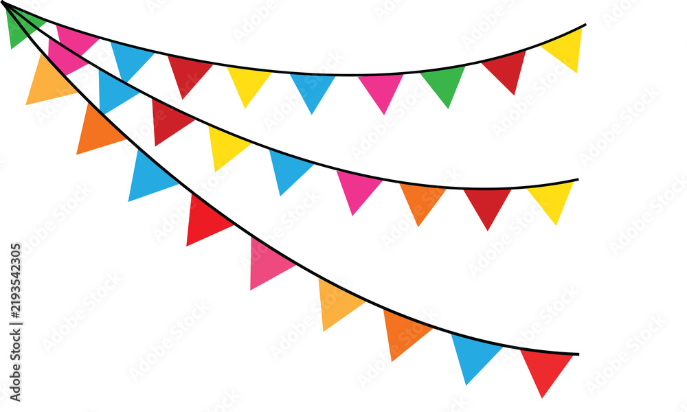 Fototapeta premium Three strings of colorful triangular bunting flags hanging down isolated on transparent background