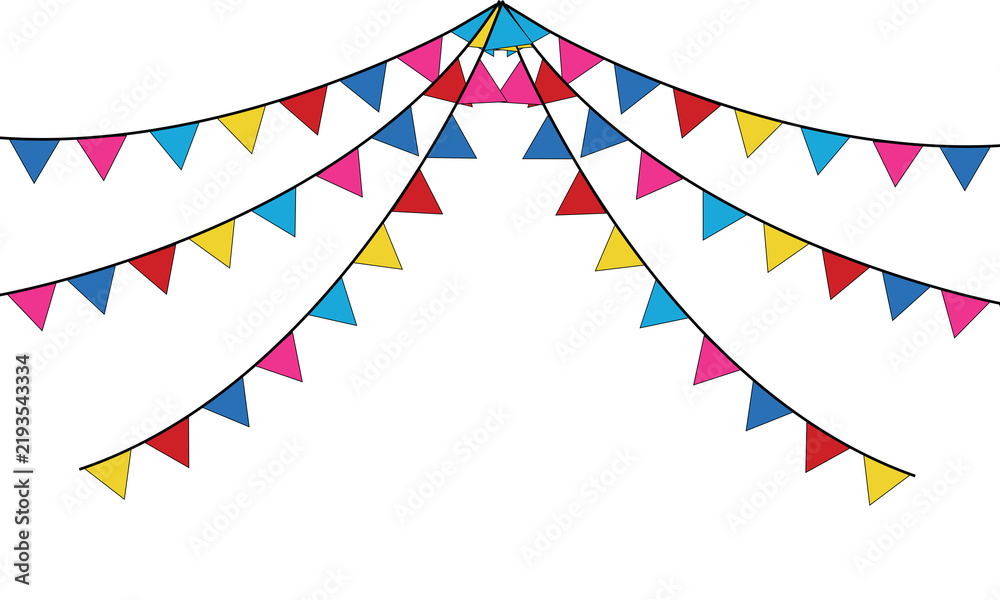 Fototapeta premium Colorful party bunting flags hanging in a festive arrangement isolated on transparent background