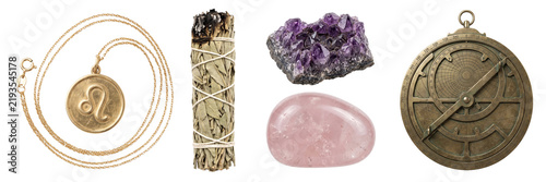 Set of astrology and tarot elements isolated on a transparent or white background. Esoteric fortune telling equipment, mystic spiritual occult divination and alternative medicine.