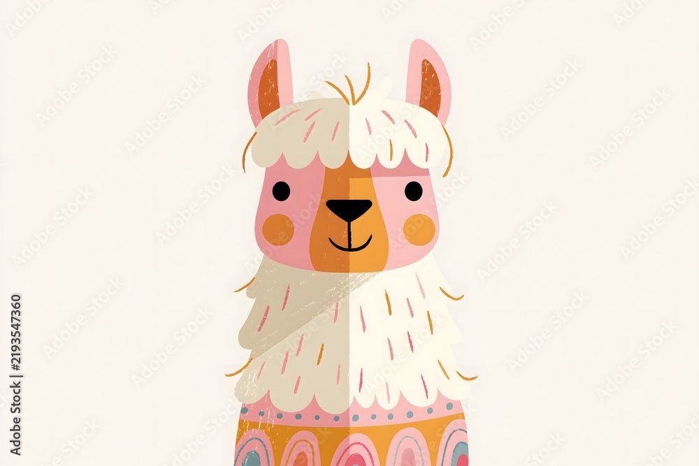 Fototapeta premium Illustration of a cute llama with colorful geometric folk patterns on its neck. Playful, Scandinavian-style animal character art with soft pastel tones, perfect for nursery decor and prints.