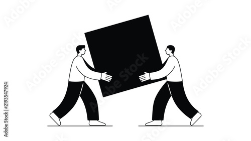 Two men carrying a large black cube for teamwork and collaboration illustration.