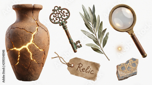 Illustrated relic set featuring a cracked clay vase with glowing gold seams, ornate bronze key, olive branch, magnifying glass, patterned stone shard, and burlap tag reading 