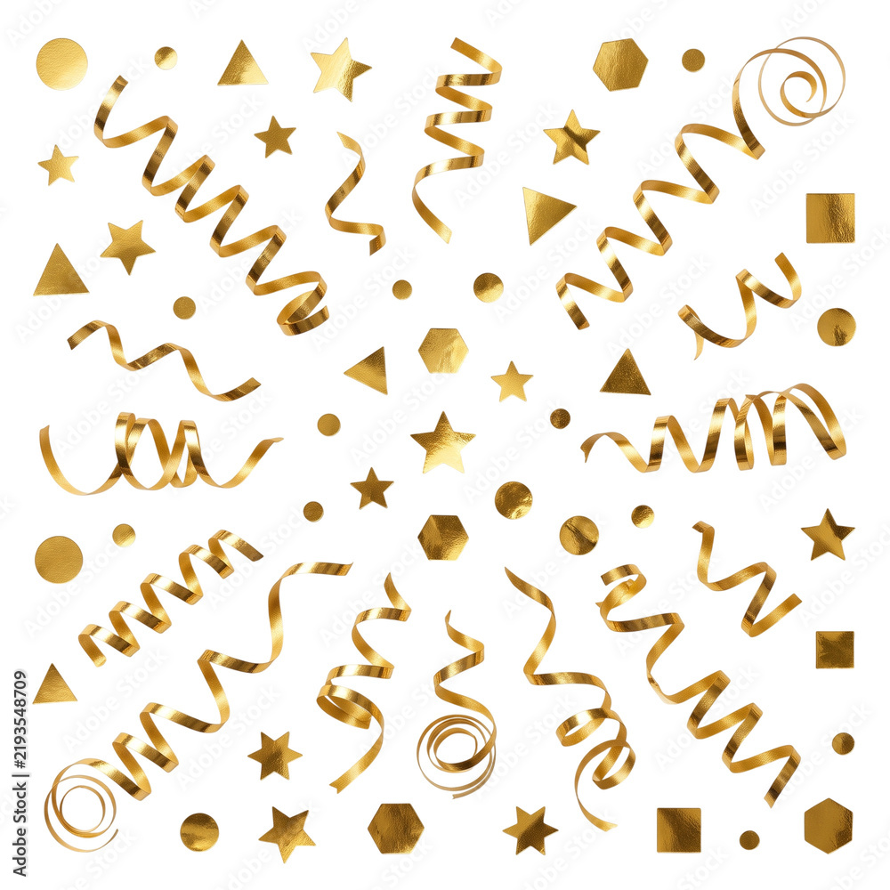 Obraz premium Golden Confetti and Streamers Scattered for Celebration and Party Events PNG Isolated on transparent background