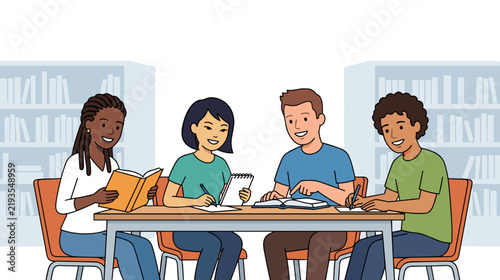Smiling diverse university students reading writing and discussing lessons around table in bright library concept of friendly collaborative academic learning