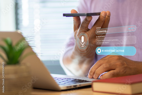 Man holding smartphone activating ai voice assistant, receiving quick report summary from advanced digital technology for business communication and smart work management