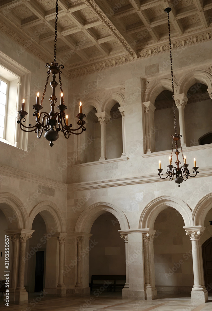 Fototapeta premium Luxury interior design and architecture, historic stone hall with gothic arches and vintage chandeliers for high end event venue or wedding location